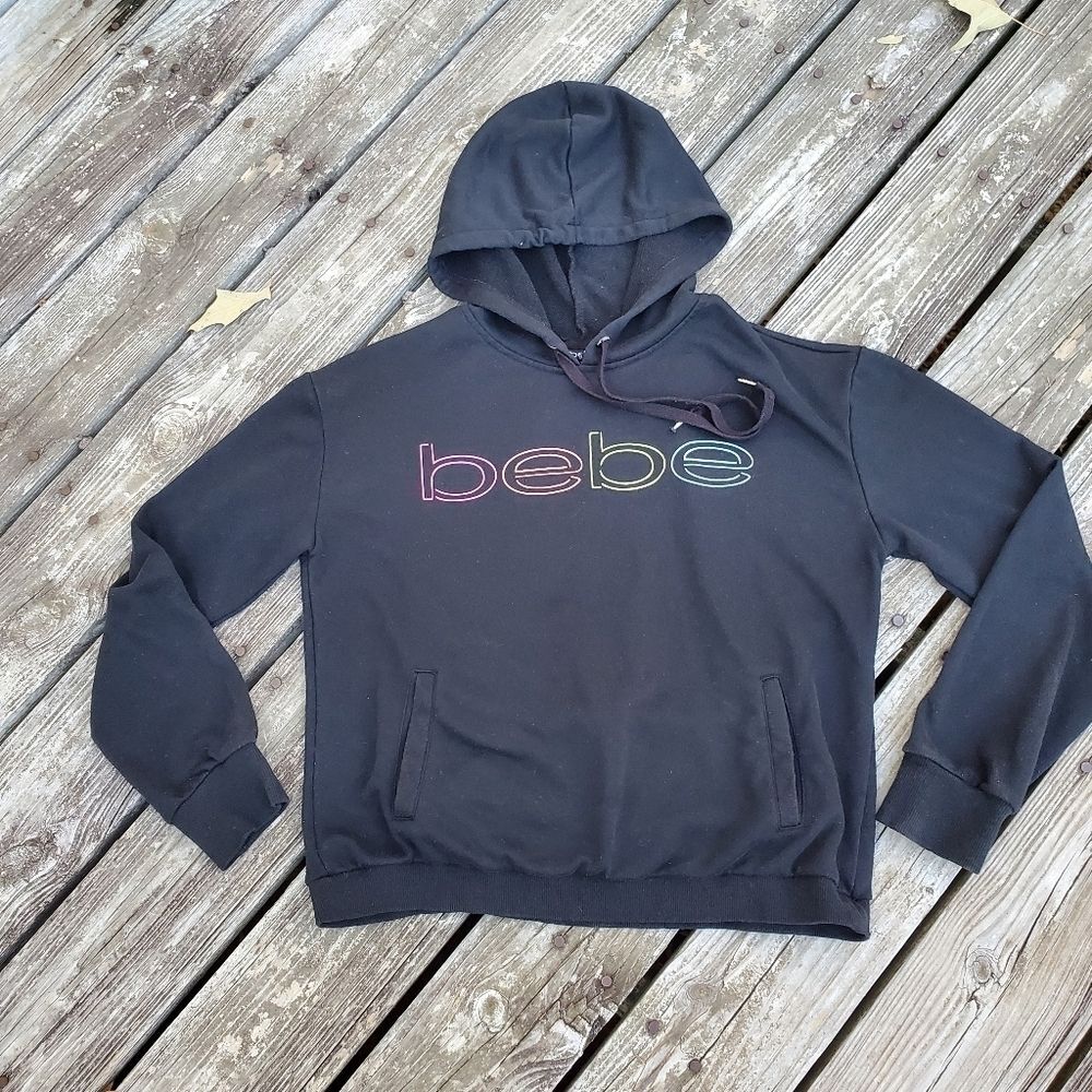 Bebe Sport Womens Size Large Black Neon Lights Big Logo Pullover Hoodie 